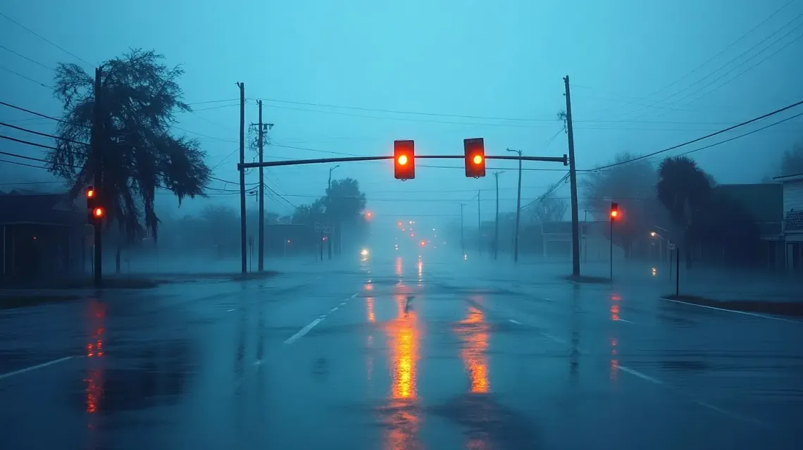 Red traffic lights standing out on a rainy day against a gloomy, desolate background, creating a sense of isolation.