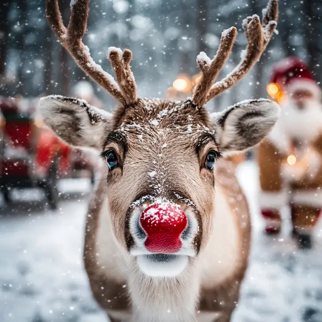 Reindeer with red nose pulling a Christmas sleigh in a snowy landscape.