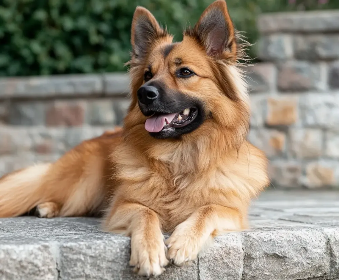 Relaxed dog with fluffy fur and tongue out laying on a sunny, stone ledge, enjoying the warmth.