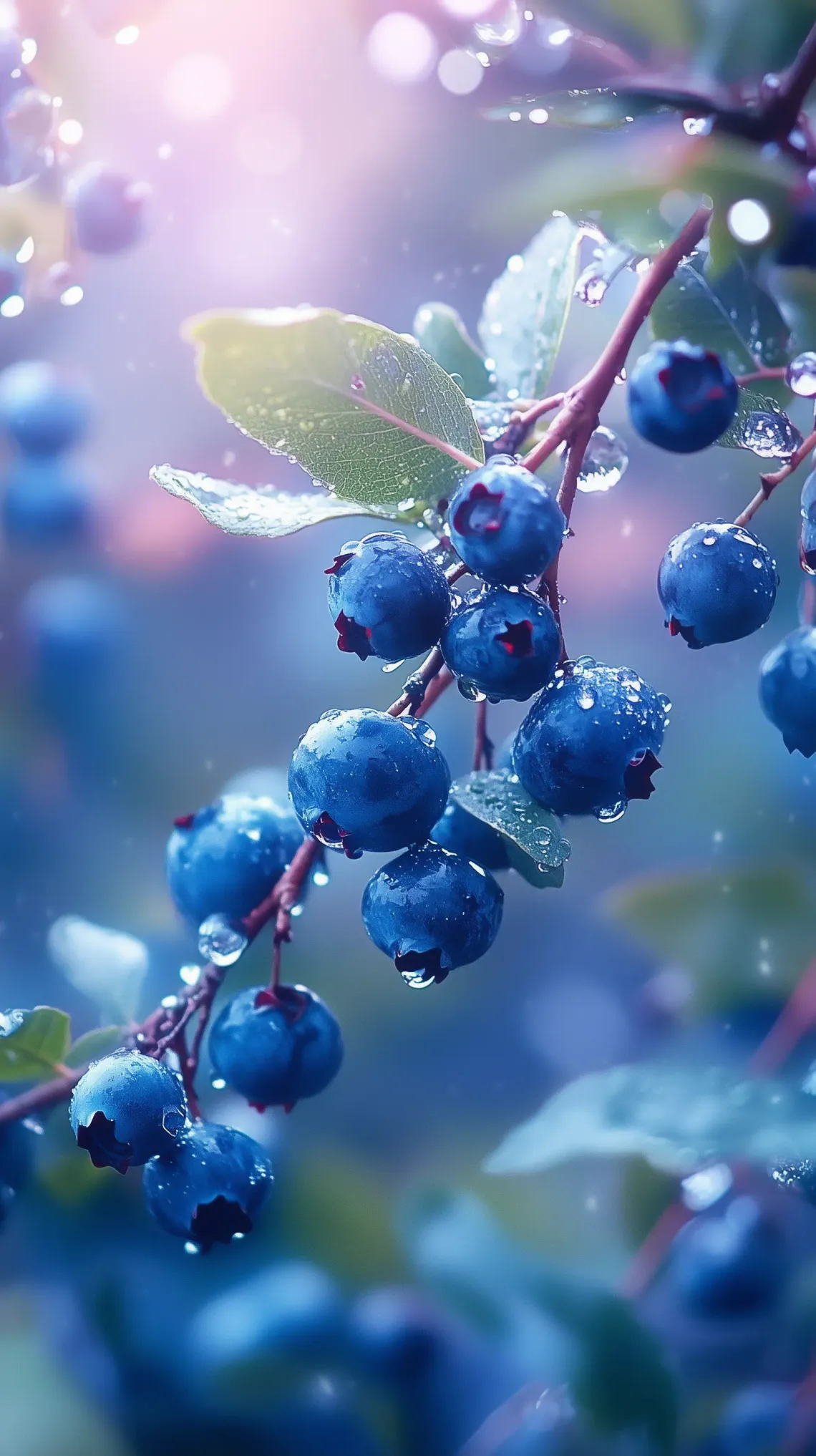 Ripe blueberries of varying shades hanging bountifully from a tree with a blurred background.