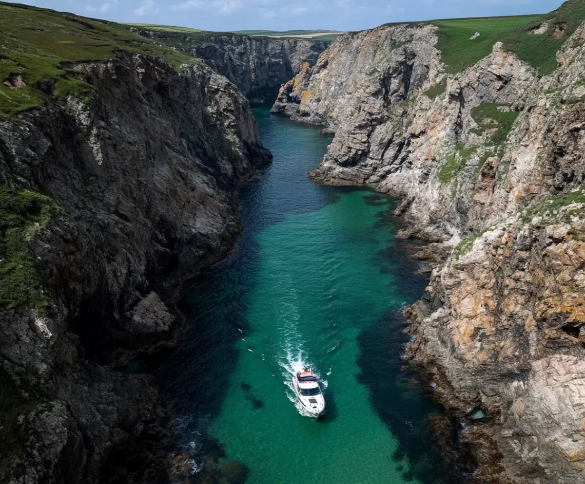 Boat navigating through a narrow river, surrounded by lush greenery with the tranquil water reflecting clear blue sky.