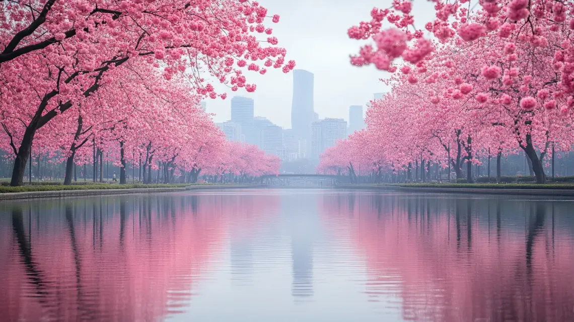 Serene river flowing with vibrant pink trees on the sides, portraying tranquility.