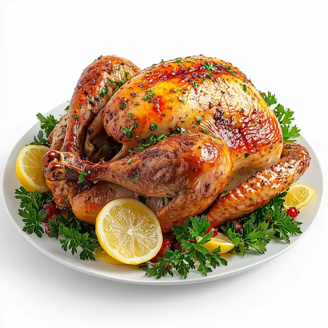 Image of a roasted golden turkey.