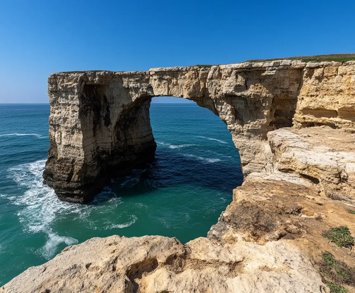 Large rock formation dramatically perched over the tranquil ocean, displaying the grandeur of nature.