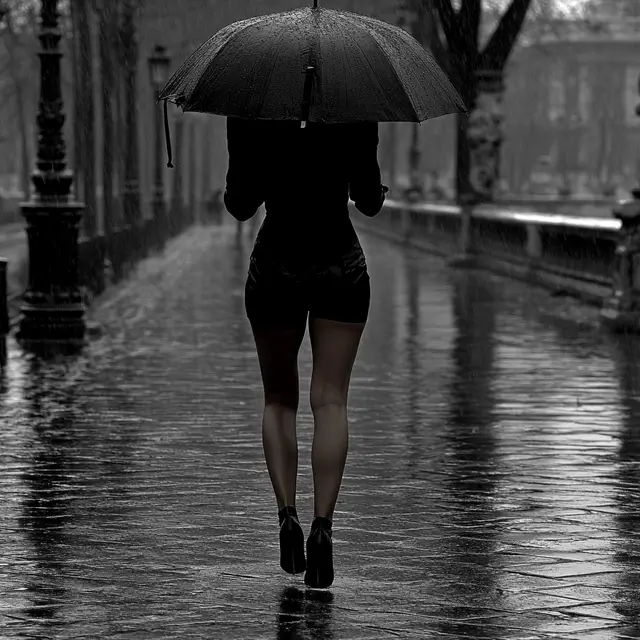 Girl with an umbrella in rainy weather in Rome amidst chaos.