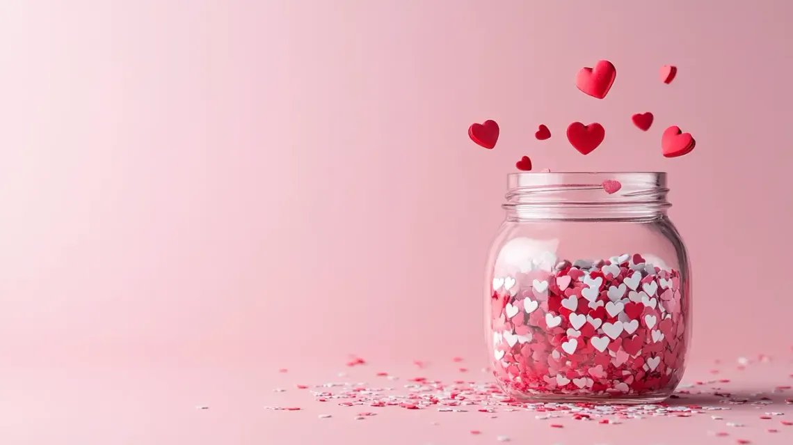 Glass jar filled with red and white heart-shaped candies for Valentine's Day.