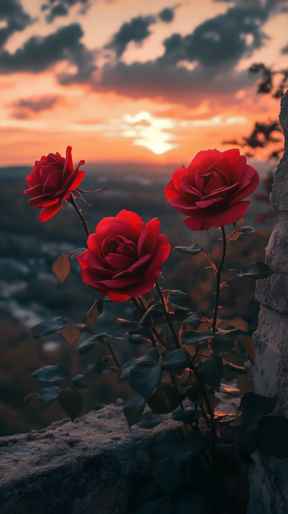 Three vibrant red roses growing out of a rugged, weathered rock, symbolizing resilience and strength.