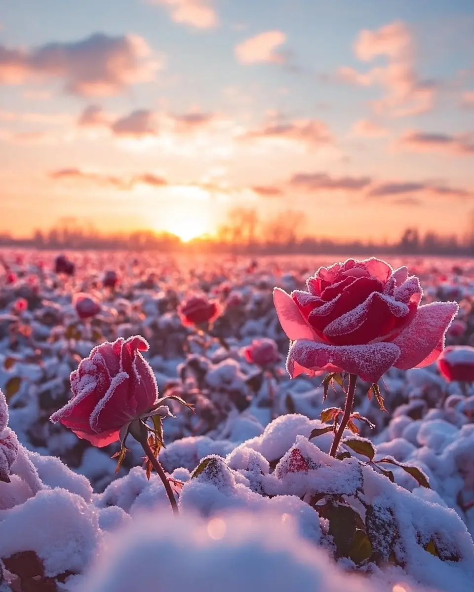 Snow covered field with roses peeking through, under the warm glow of a setting sun.