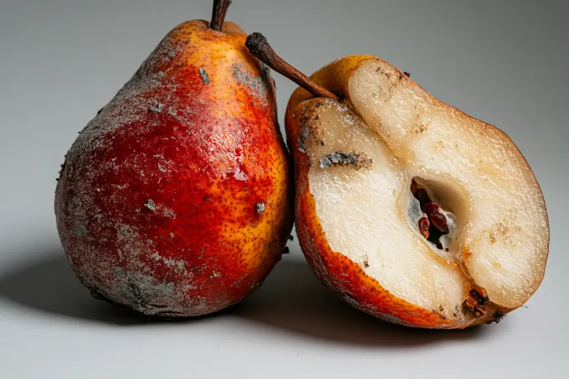 Close-up of a rotten pear and cut in half pear showing signs of decay on a flat surface.