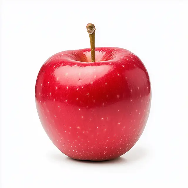 Single vibrant red apple perfectly round with detailed features.