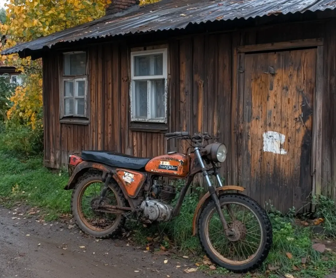 Modern motorcycle parked in front of an aged wooden building, ready for an urban adventure.