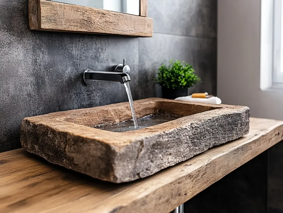 Rustic wooden countertop with a charming, weathered sink in a warm, inviting farmhouse bathroom.