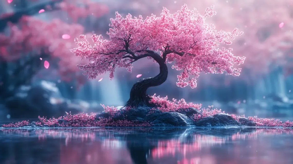 A full-length sakura tree in full bloom captured.