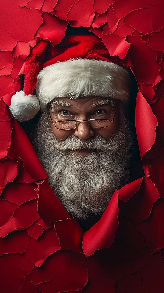 Santa Claus emerging from a tear in red paper.