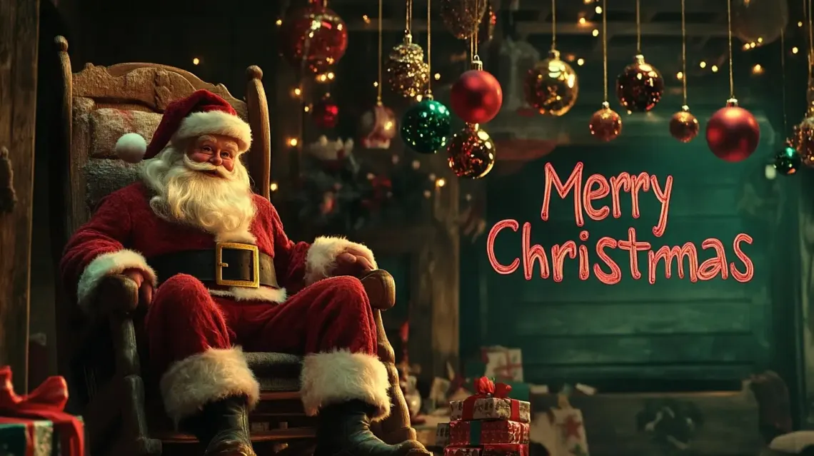 Santa Claus in traditional red suit and white beard sitting in a chair, wishing Merry Christmas.