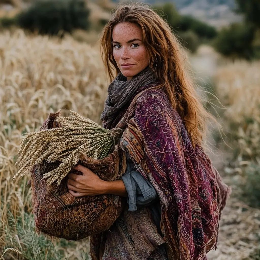 Woman focusing on her task in a rural field, carrying a bunch of wheat under warm sunlight.