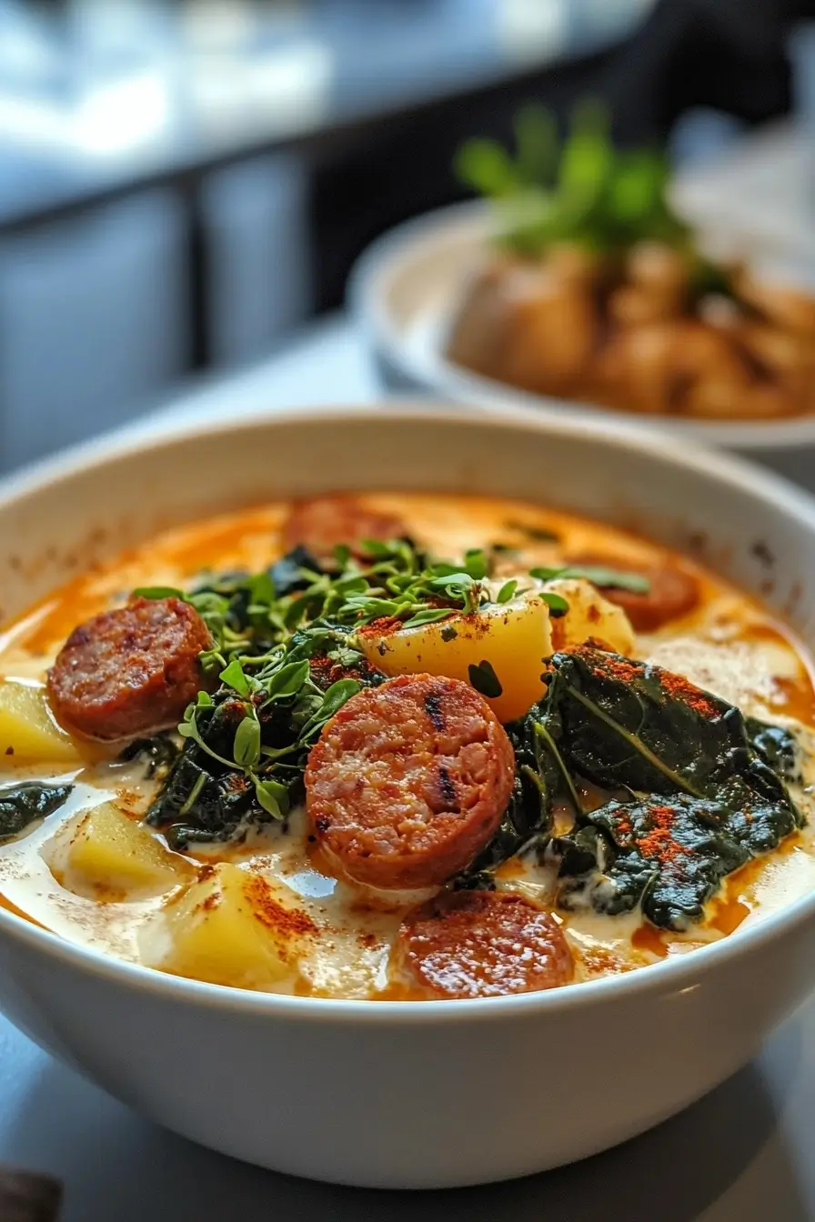 Hearty bowl of sausage and vegetable soup, exuding warmth and comfort.