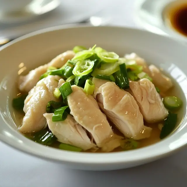 Steamed chicken with scallion in a white bowl.