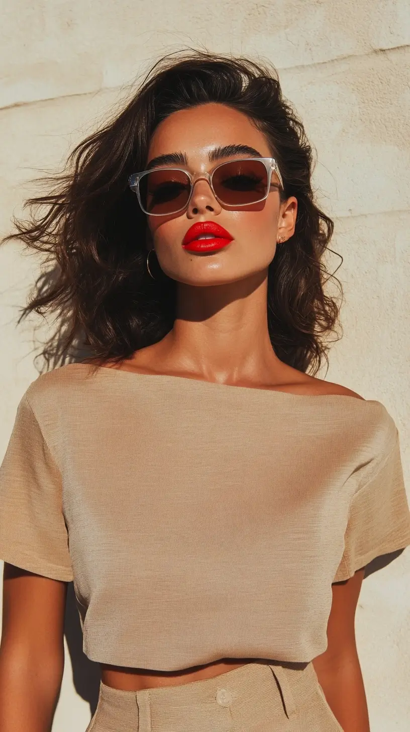 Stylish woman with sunglasses and bright red lipstick exuding confidence and sophistication.