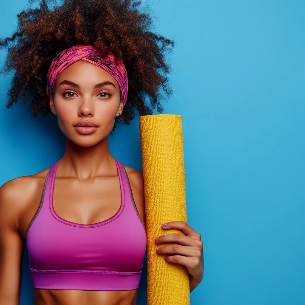 Happy woman holding a yoga mat with a genuine smile signifying a sense of calmness, positivity and well-being.