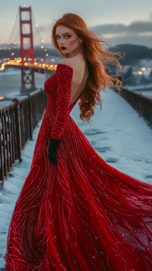 Young Scarlett O'Hara in a luxurious long red dress.