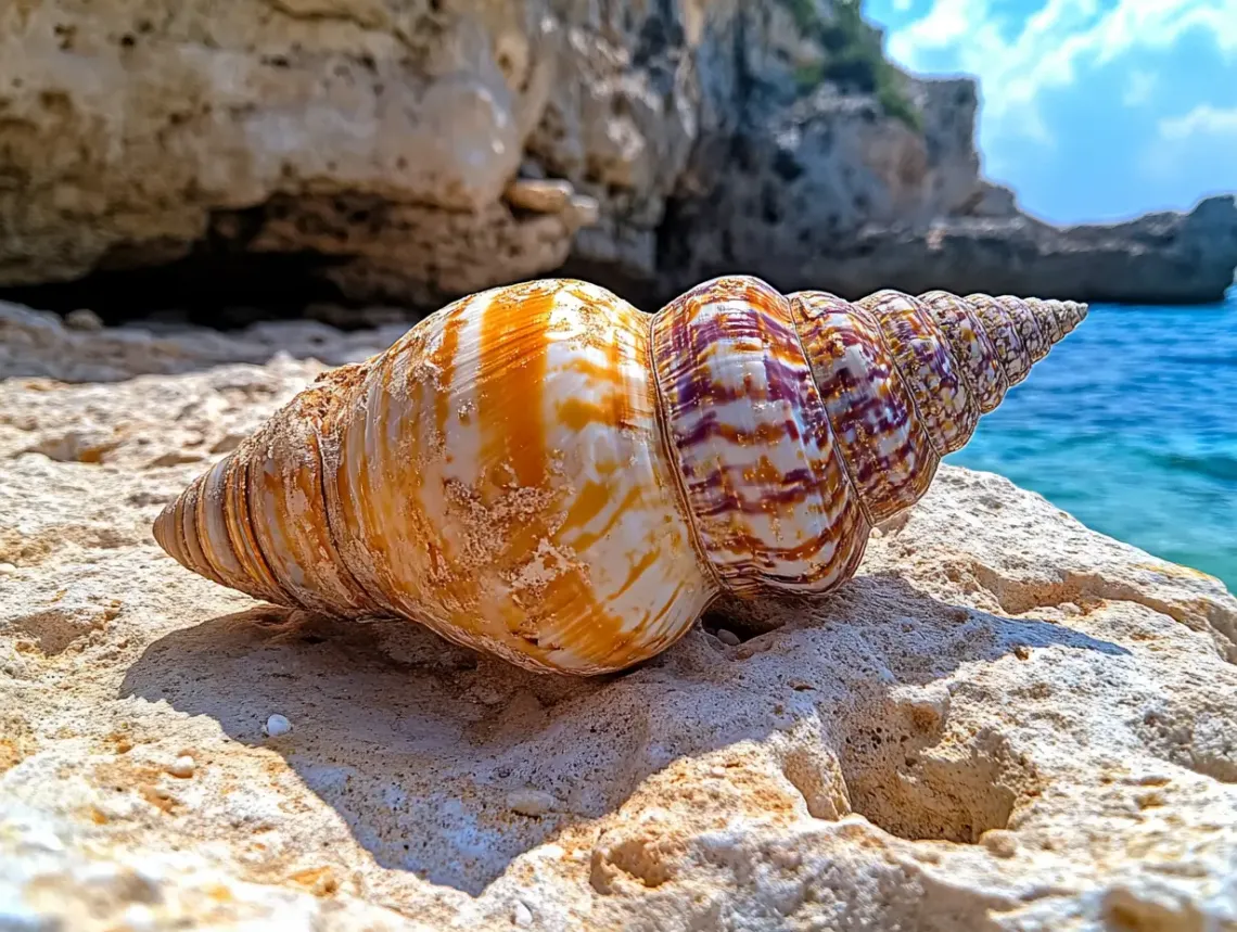 One weathered shell on a rock with the ocean in the background.