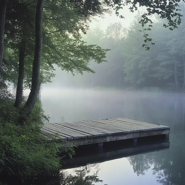 A serene lakeside scene with a wooden dock and mist rising.