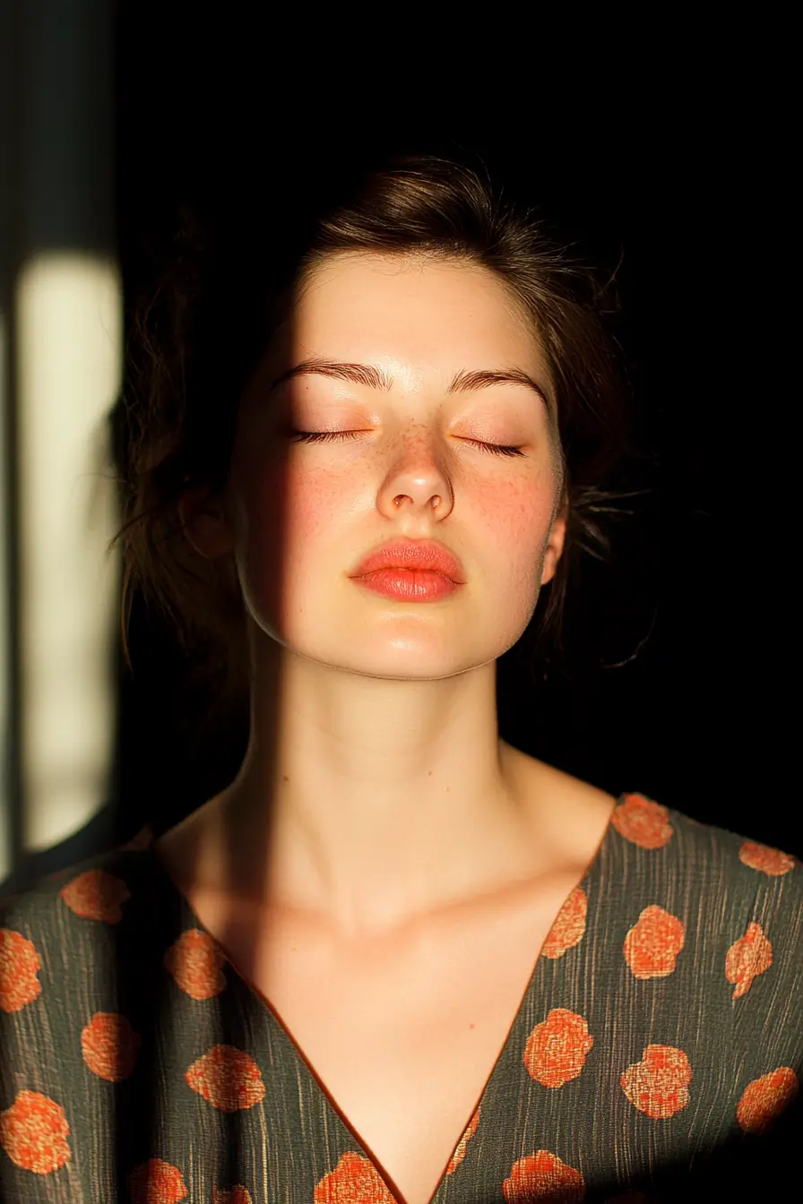 Woman with closed eyes radiating serenity and calmness, embodying a sense of stillness and mindfulness.