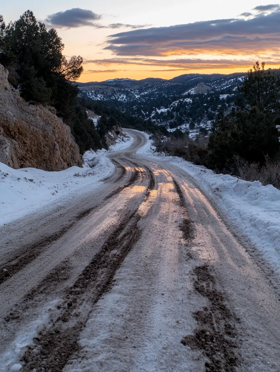 Serene snowy road at sunset with a warm glow over the landscape.