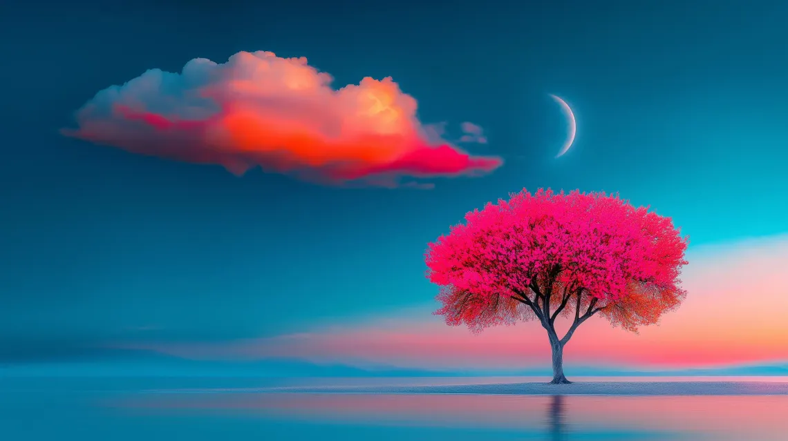 A tranquil scene of a tree with pink leaves under a crescent moon in a clear, blue sky.