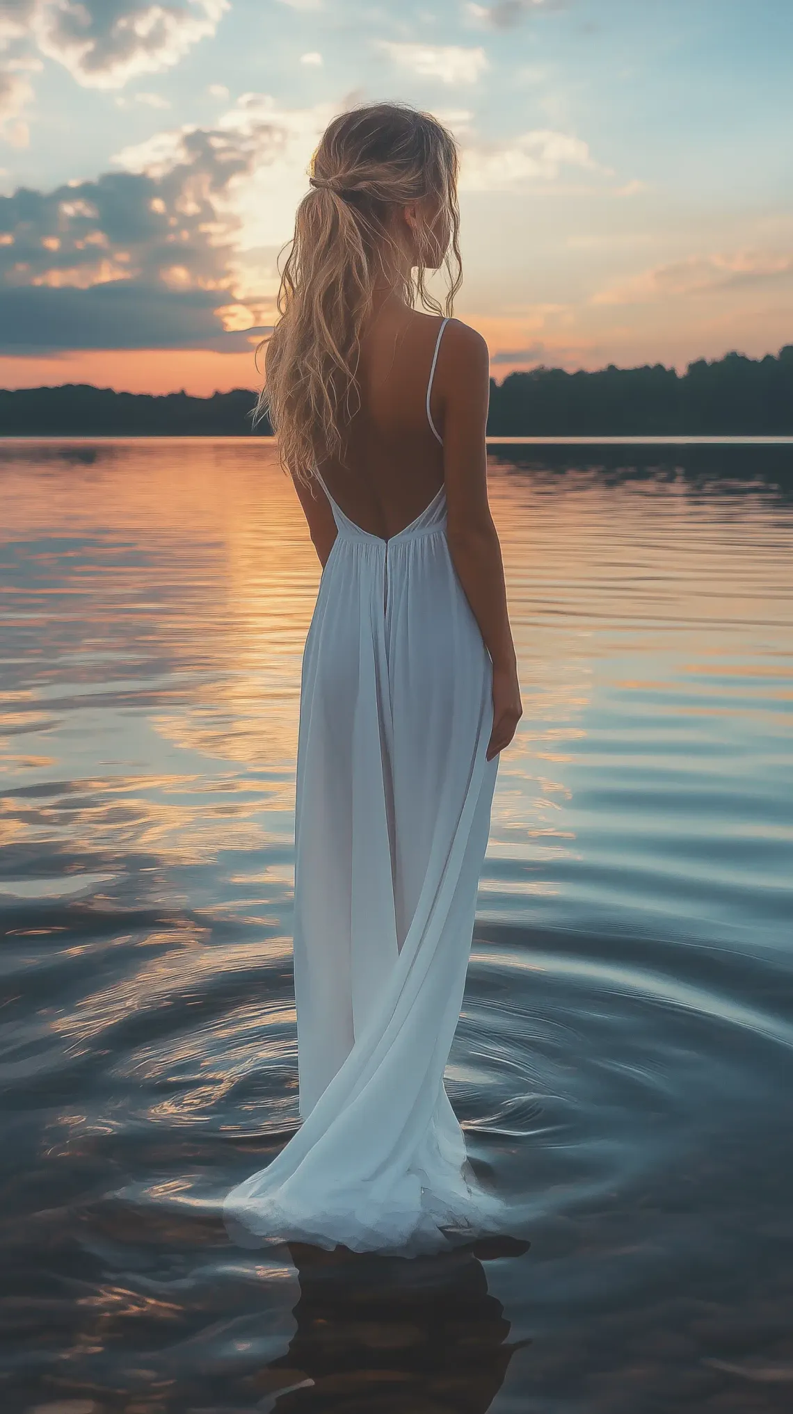 Woman in white dress standing serenely in water with sunlight reflecting off the surface.