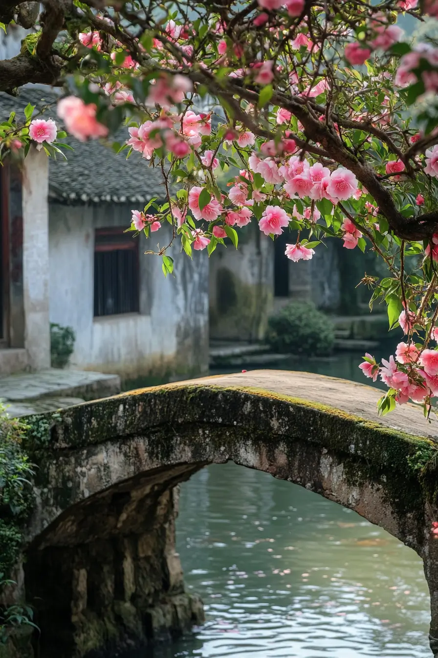 Picturesque stone bridge over a gentle river, adorned with vibrant pink flowers, under a clear blue sky.