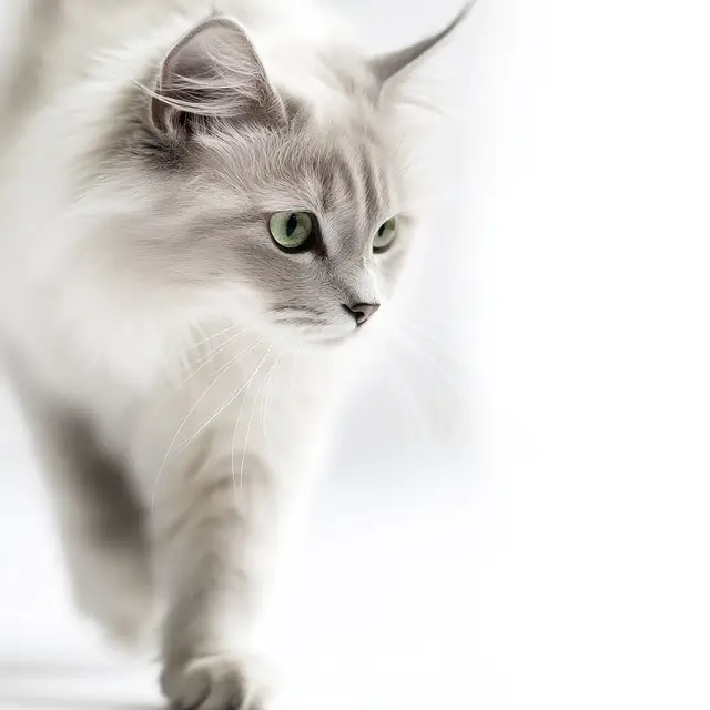 A Siberian grey cat with greenish eyes walking.