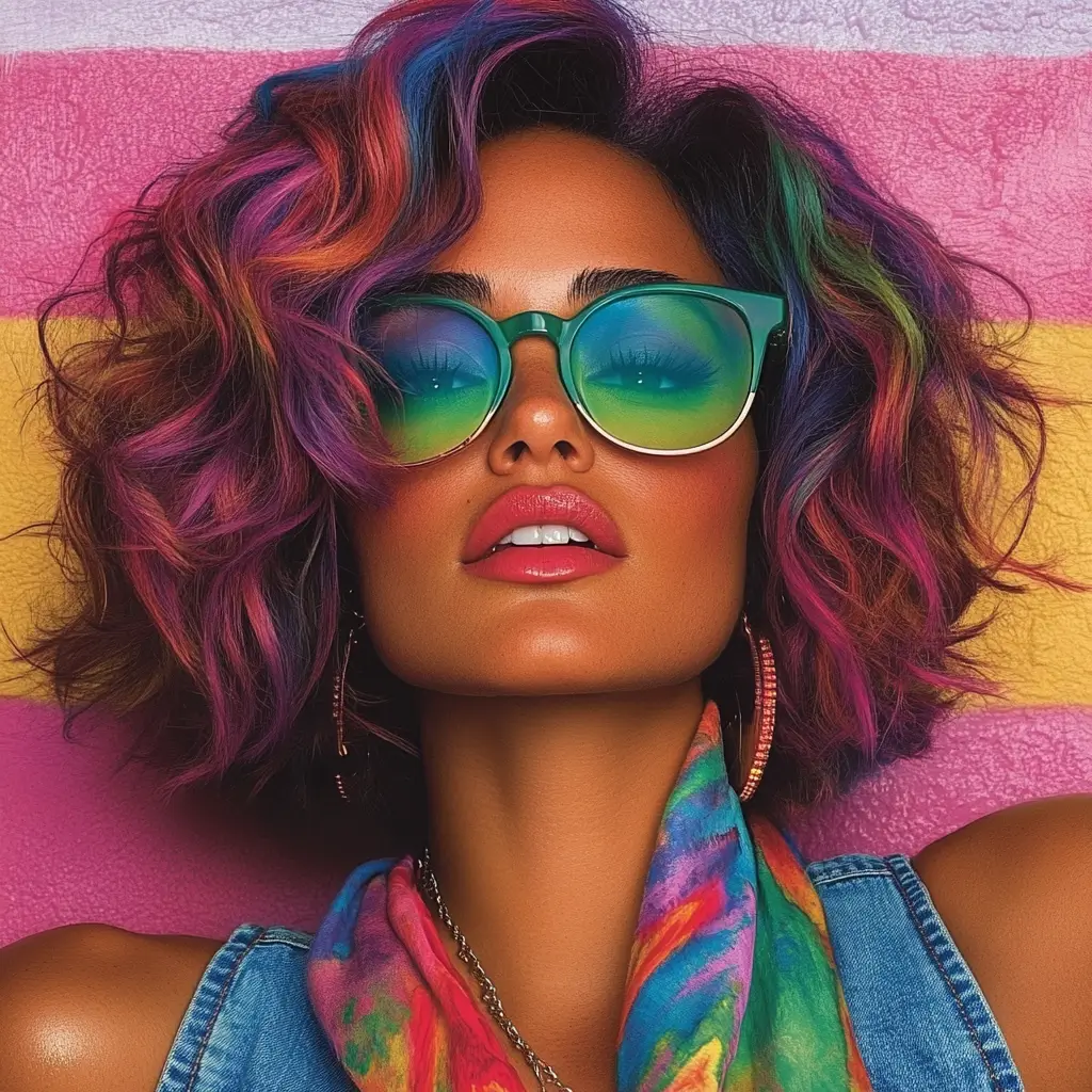 Stylish woman with colorful hair and sunglasses, exuding confidence and individuality in a modern, edgy setting.