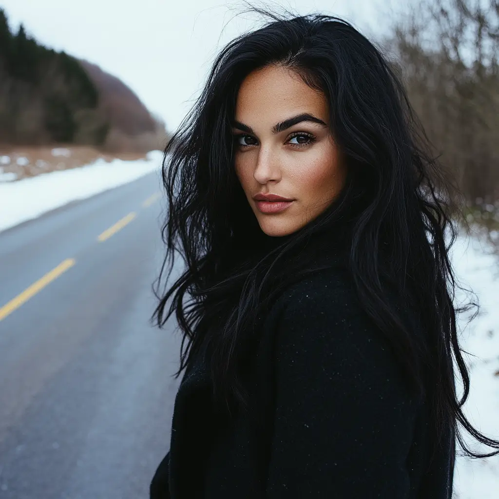 Woman with long black hair standing on a empty, snowy road, exuding a peaceful and anticipatory mood.