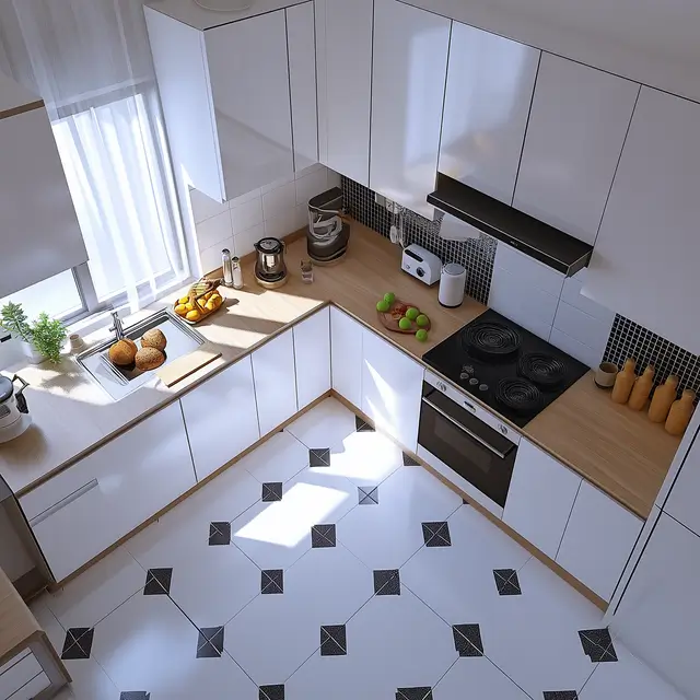 Simple, clean kitchen with a clear view of the tiled floor.