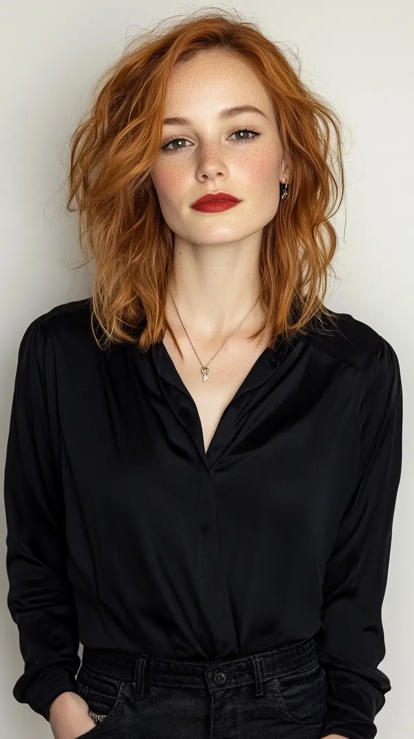 Close-up shot of a woman with vibrant red hair wearing a black shirt.