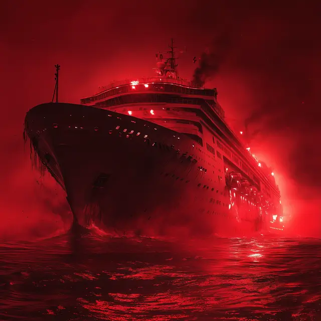 Image of a sinking cruise ship with red fire.