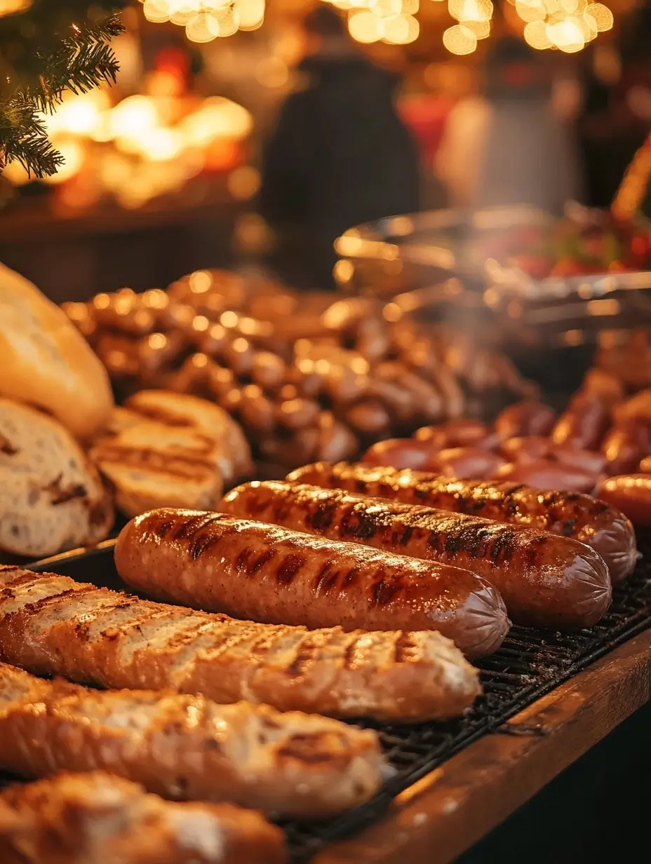 Outdoor grill cooking a variety of sausages of different sizes and colors with grill marks visible.