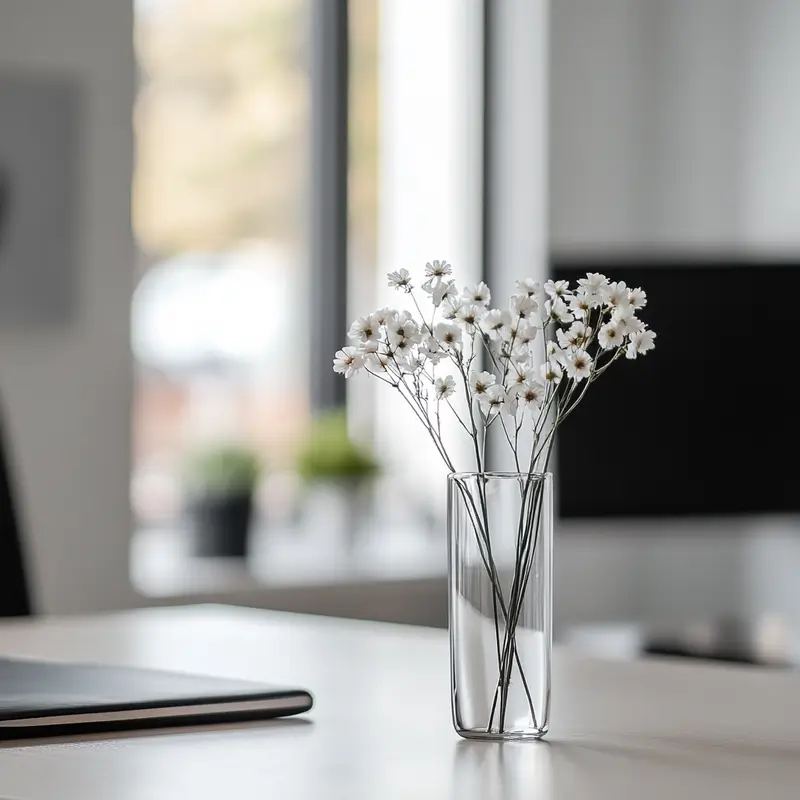 Sleek office setting with a small acrylic vase on the desk.