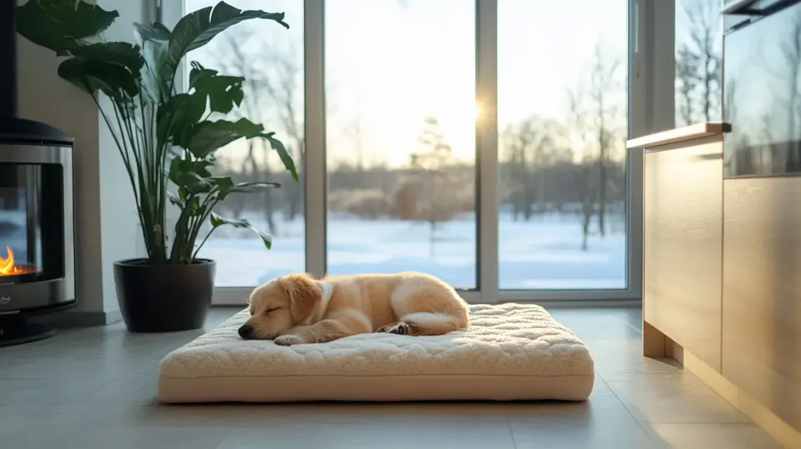 A small dog sleeping soundly on a soft, warm mattress.