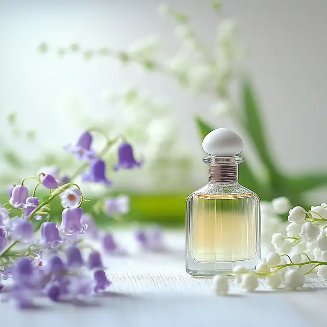 A small bottle of perfume standing on a table.