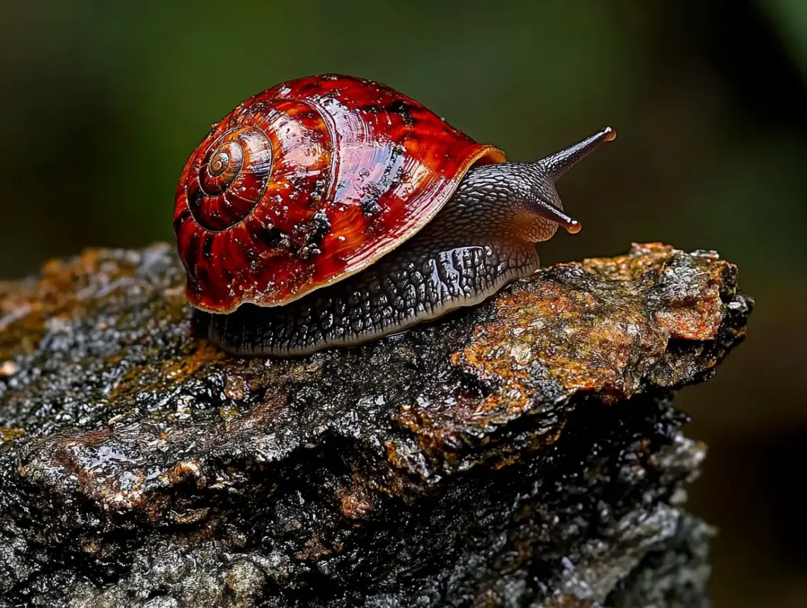 Solitary snail with a spiral shell resting on a weathered rock.