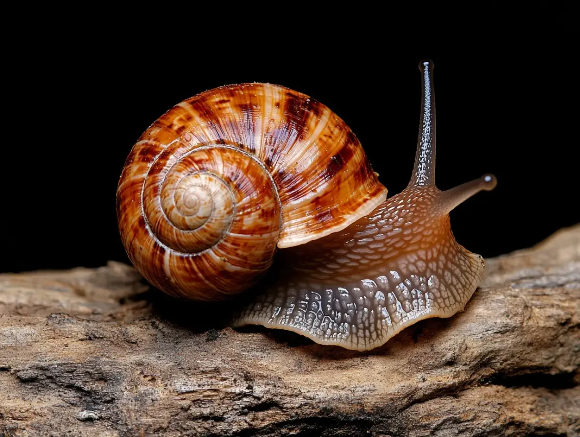 Delicate snail perched on a weathered, rugged rock, evoking a sense of tranquility, in natural, earthy tones.