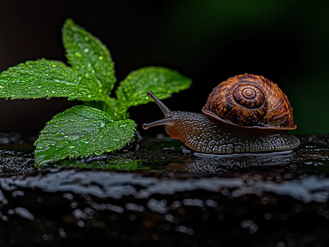 Snail sitting on a mossy, rough rock next to a fresh green leaf, showcasing a tranquil moment in nature.