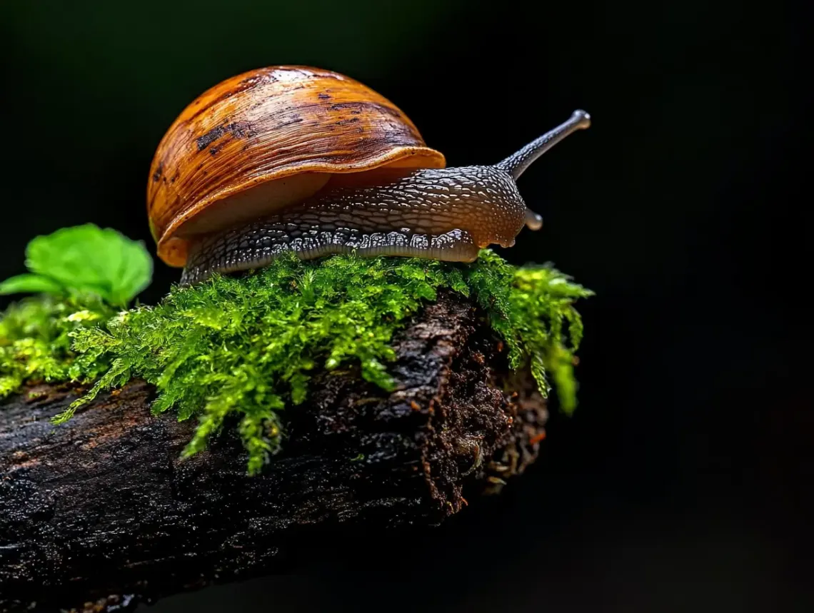 Snail resting on a moss-covered branch, its shell contrasting with the vibrant greenery in a serene scene.