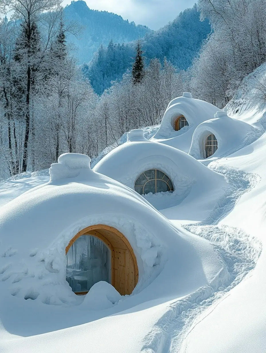 Picturesque winter scene with cozy houses blanketed in snow, creating a beautiful tranquil atmosphere.