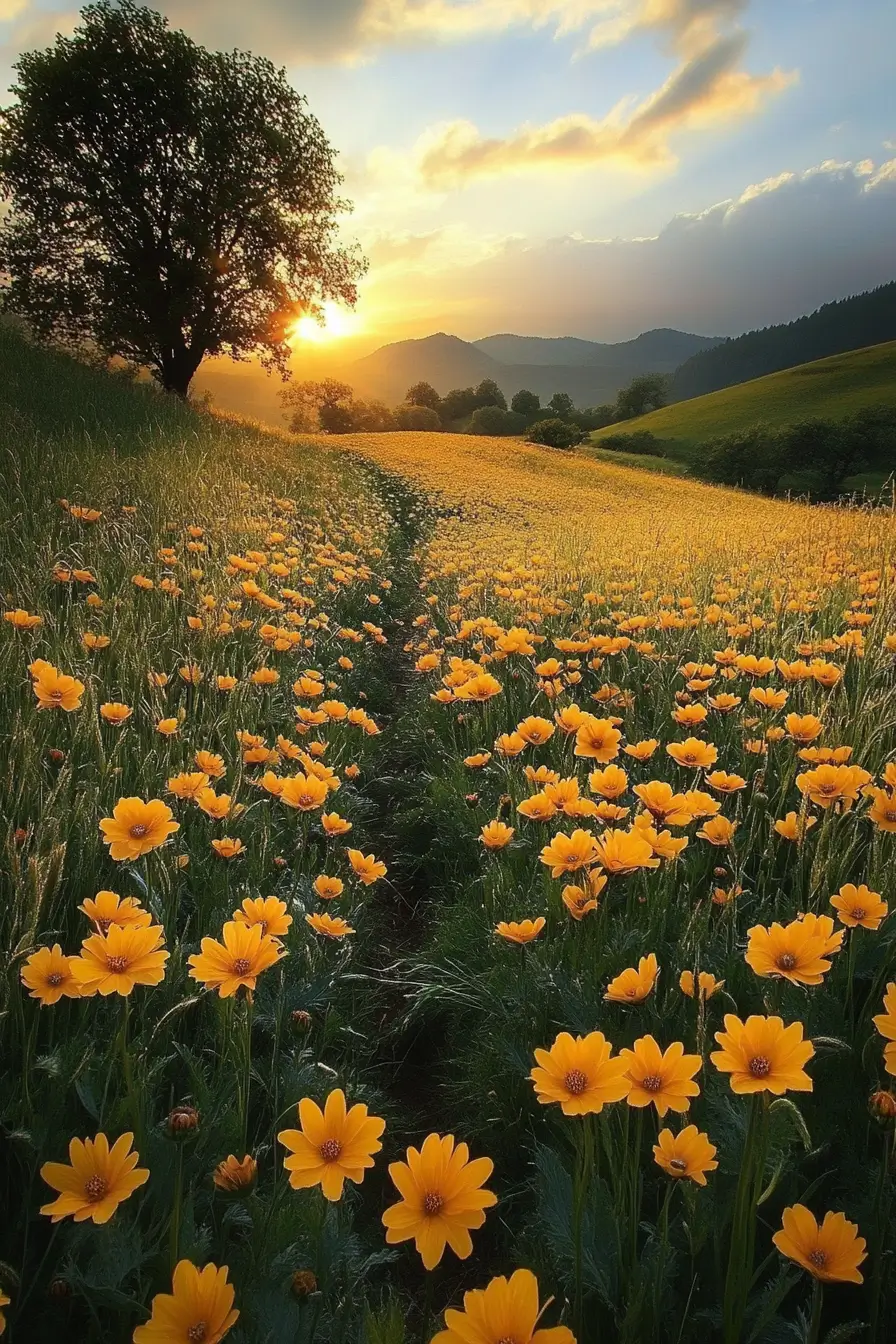 Beautiful field of vibrant yellow flowers with a solitary tree in the distance, projecting tranquility and freedom.