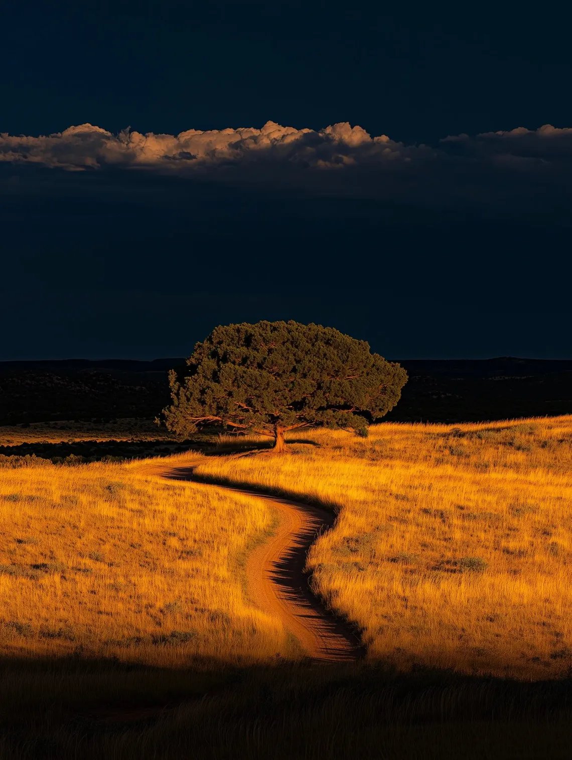 Solitary tree standing in a vast field with a clear path leading towards it, in a serene and tranquil scene.