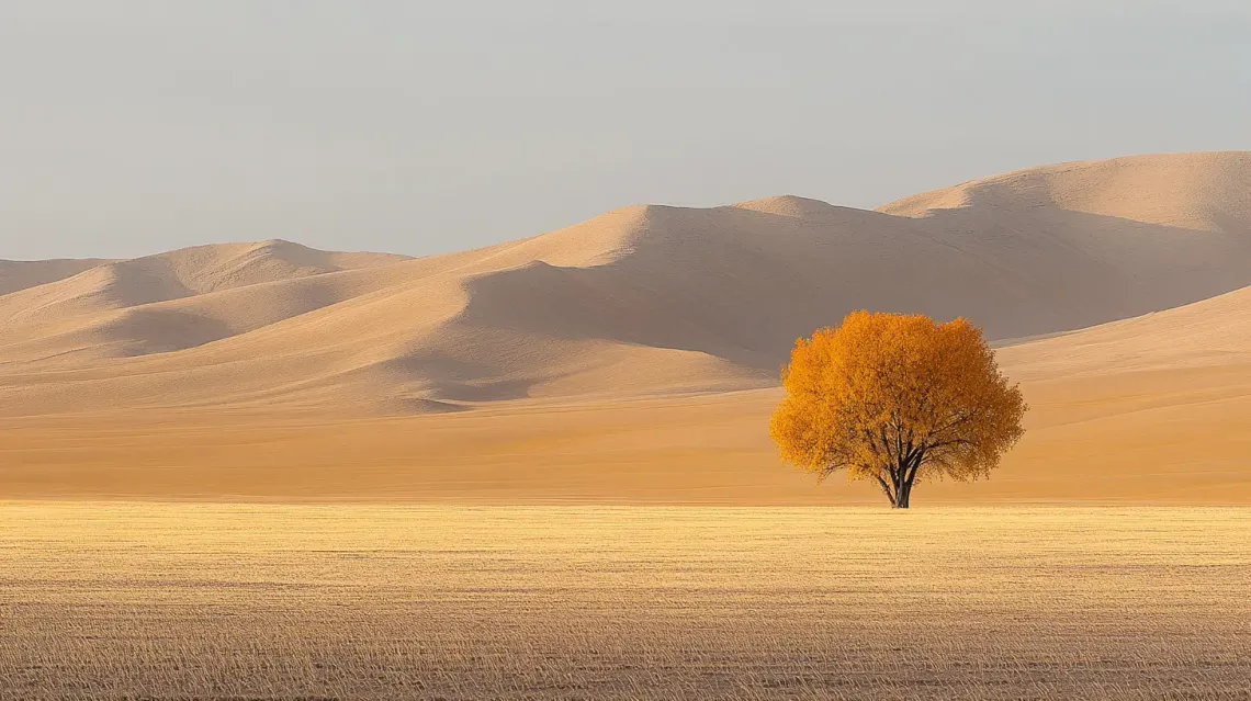 Solitary tree thriving amidst towering sand dunes in a vast desert landscape, symbolizing endurance.